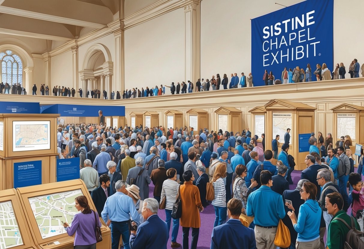 A crowded exhibit hall with informational kiosks and maps, visitors milling about, and a large banner displaying "Sistine Chapel Exhibit."