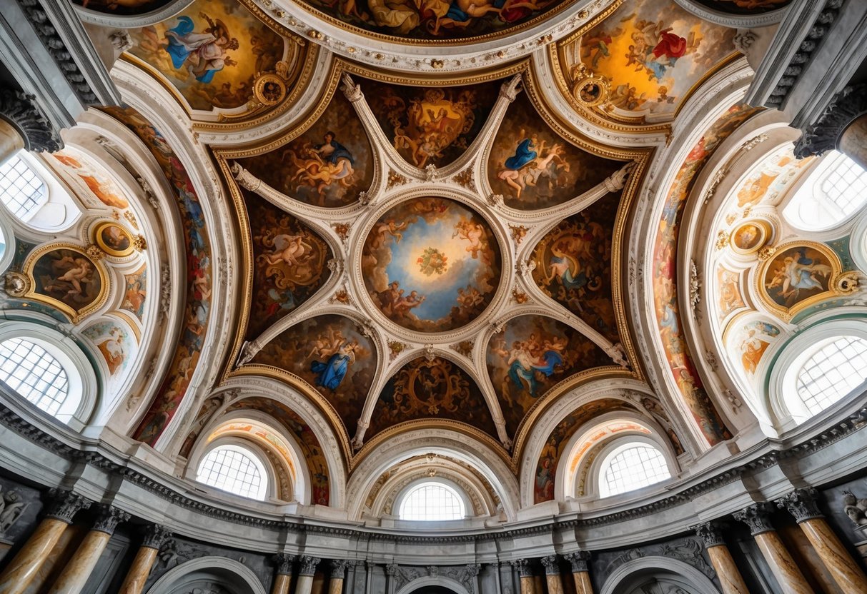 A grand, ornate ceiling with intricate frescoes and colorful paintings, surrounded by marble columns and arches