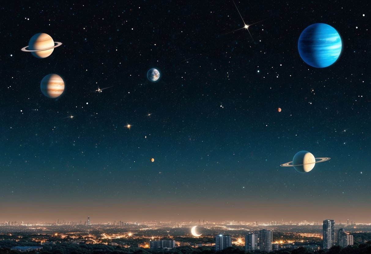 A dark sky with stars and planets visible, surrounded by city lights in the distance