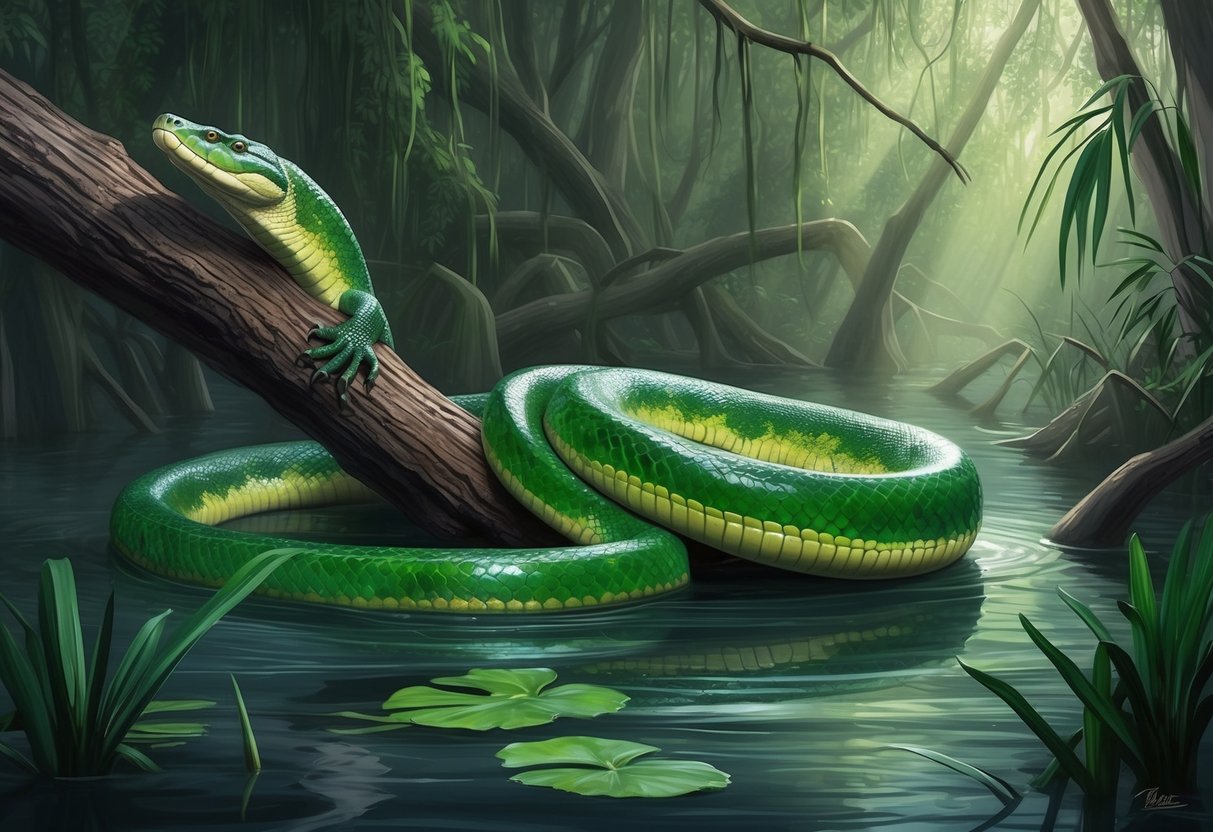 A green anaconda coils around a fallen tree branch in a murky swamp, its sleek body glistening in the dappled sunlight filtering through the dense foliage