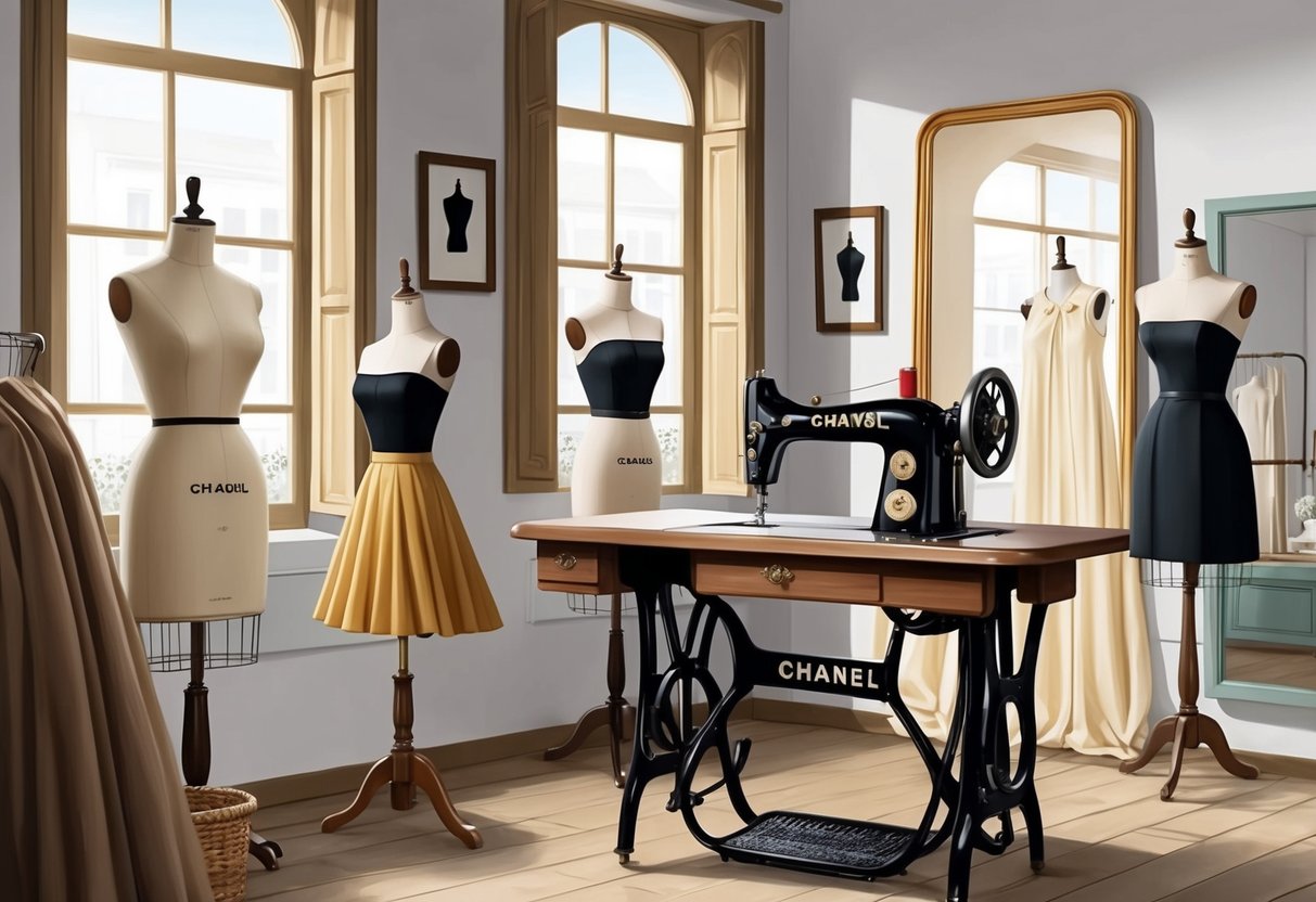 A sewing atelier with mannequins, fabric, and a vintage sewing machine, where Coco Chanel creates her iconic little black dress