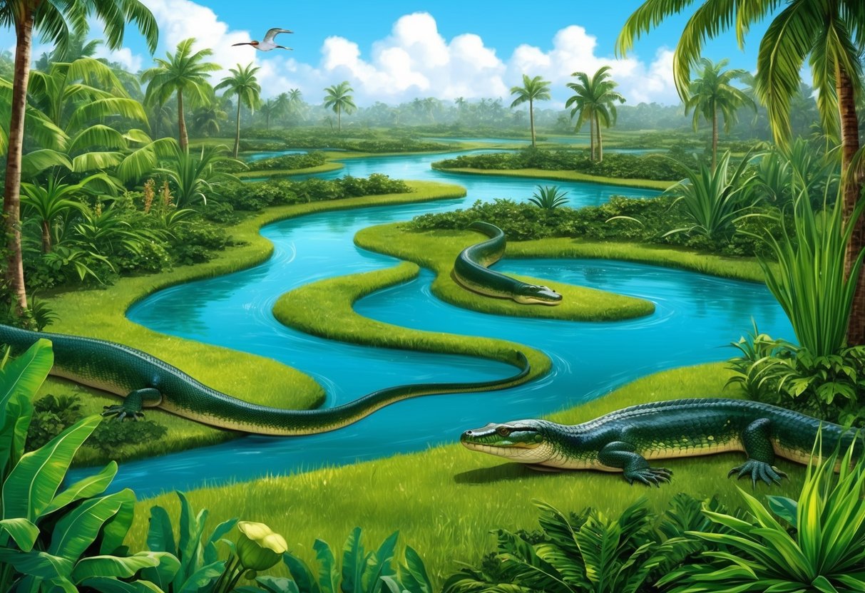 A lush, tropical wetland with winding rivers and dense vegetation, where green anacondas slither through the water and bask in the sun