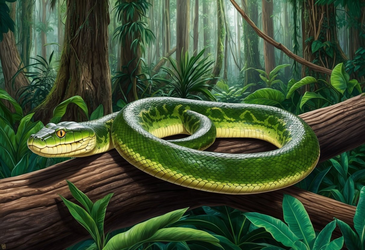 A green anaconda slithers through dense Amazon rainforest, coiling around a fallen tree branch