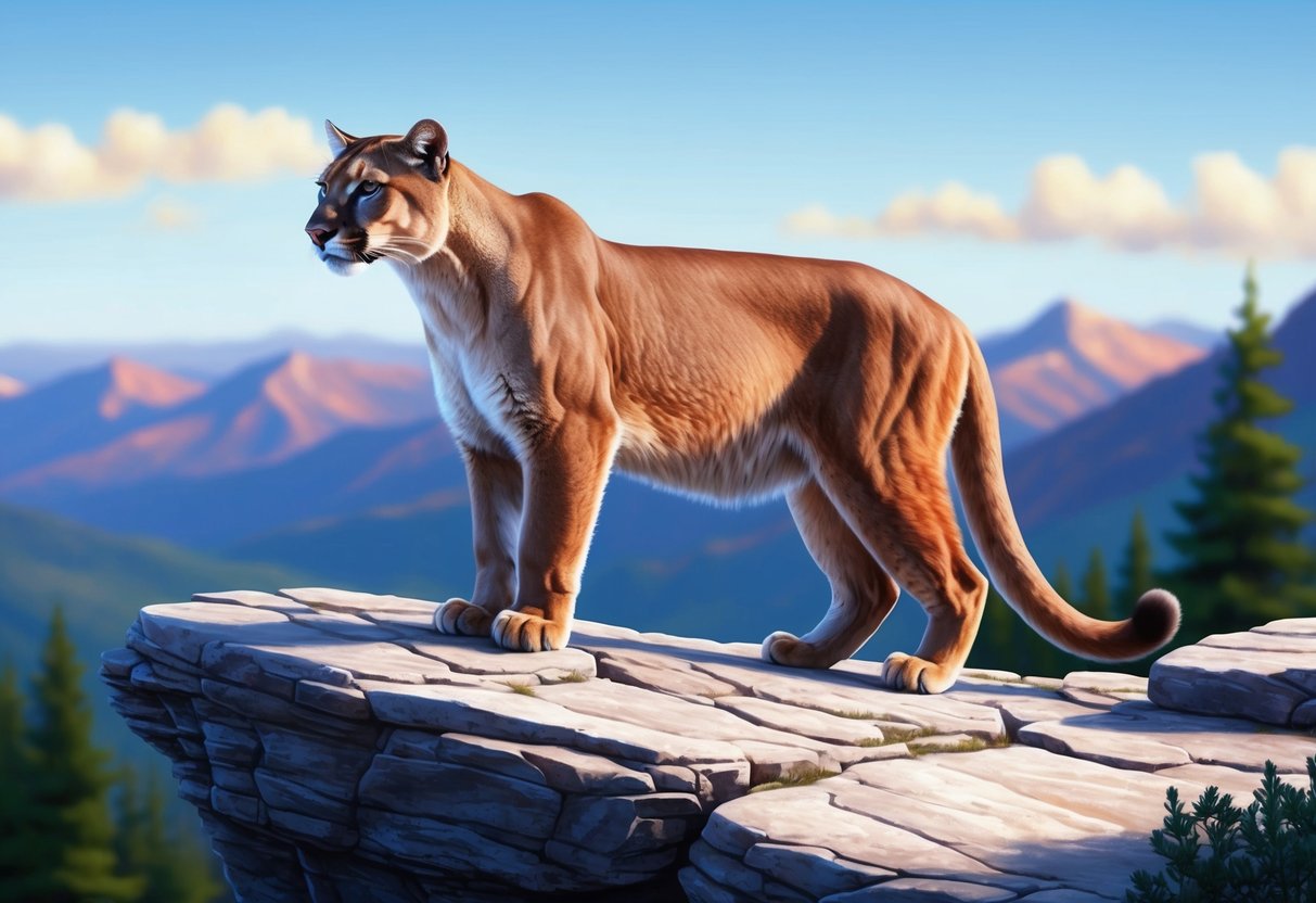 A mountain lion standing on a rocky ledge, its sleek body and powerful muscles on display as it gazes out over the landscape