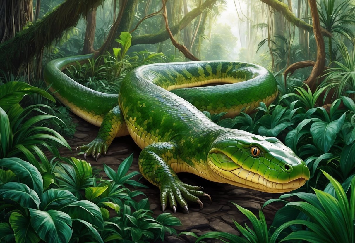 A green anaconda slithers through a lush, threatened rainforest, its powerful coils weaving through the dense undergrowth