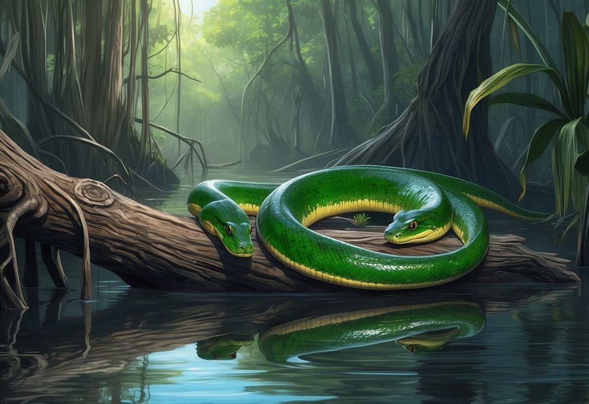 A green anaconda coils around a fallen tree in a murky Amazonian swamp, its sleek body glistening in the dappled sunlight