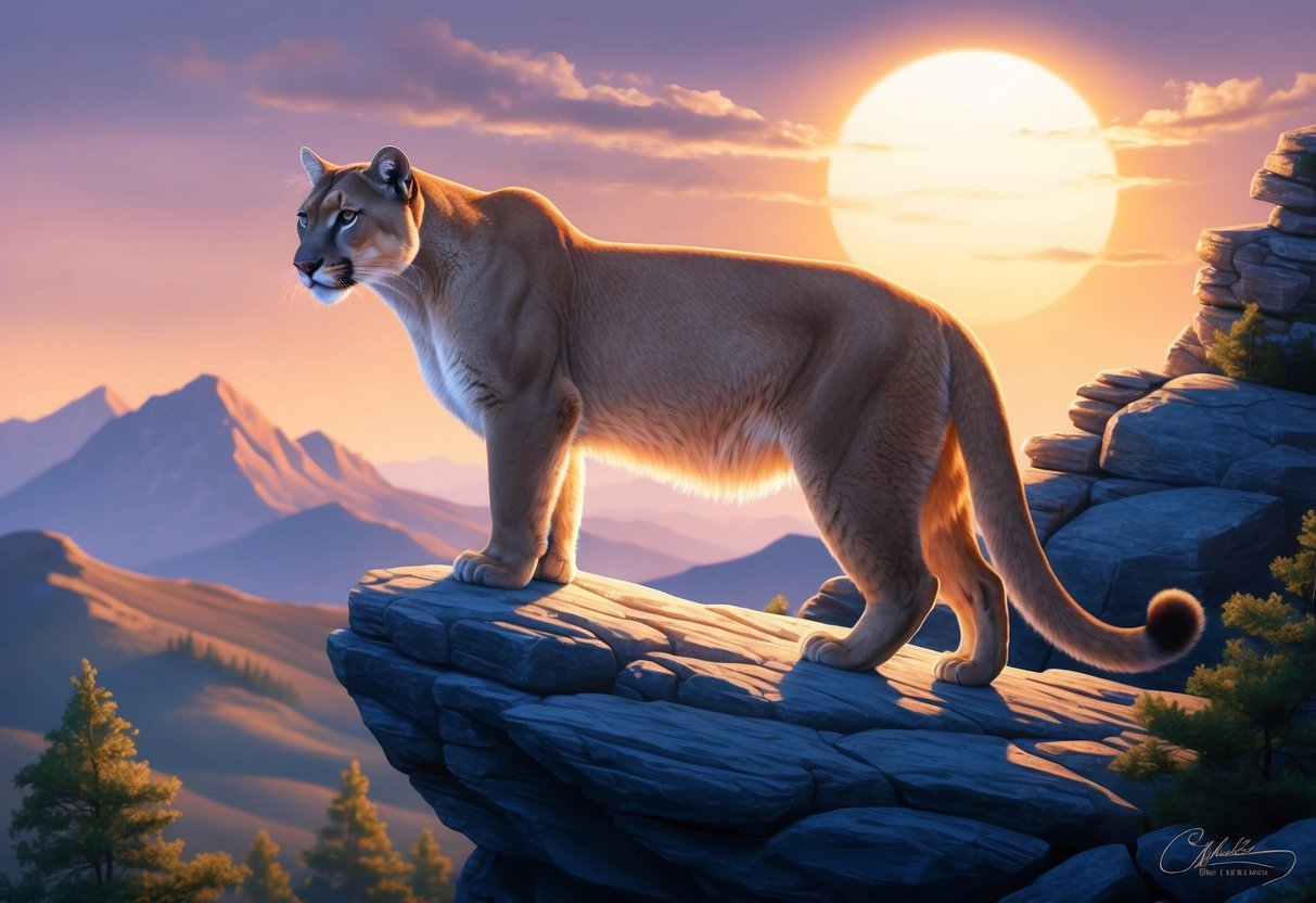 A mountain lion stands proudly on a rocky outcrop, overlooking its territory.</p><p>The sun sets behind it, casting a warm glow on the landscape