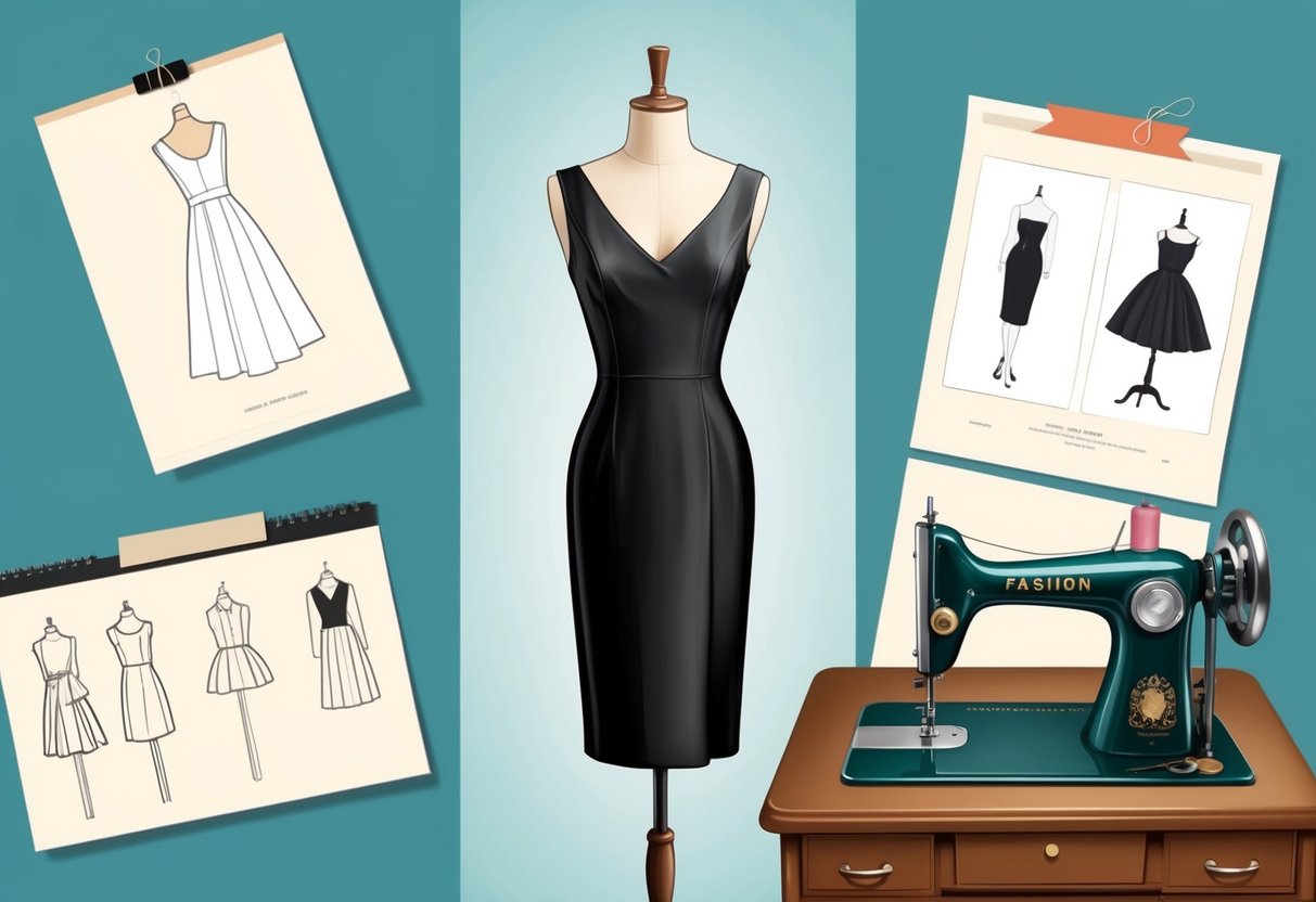 A sleek, knee-length black dress hangs on a mannequin, surrounded by fashion sketches and magazine clippings.</p><p>A vintage sewing machine sits nearby