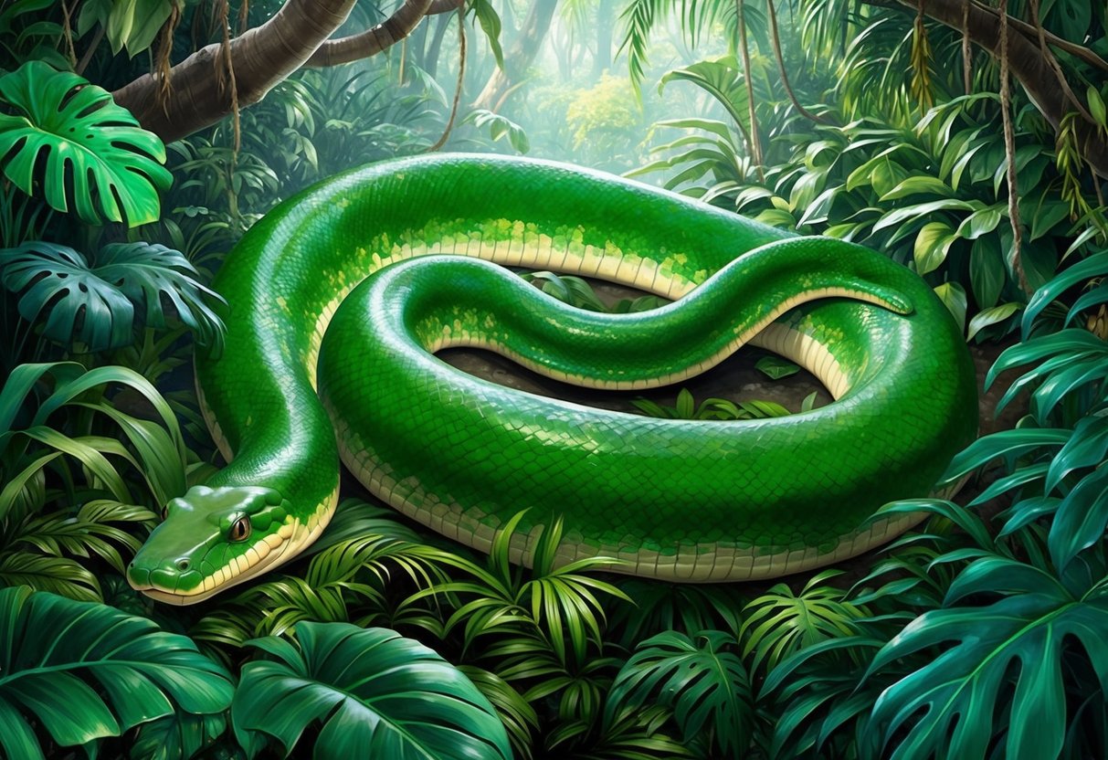 A green anaconda slithers through a lush, tropical jungle, dwarfing other creatures with its massive size.</p><p>Its sleek, emerald body winds through the dense foliage, exuding an air of power and dominance