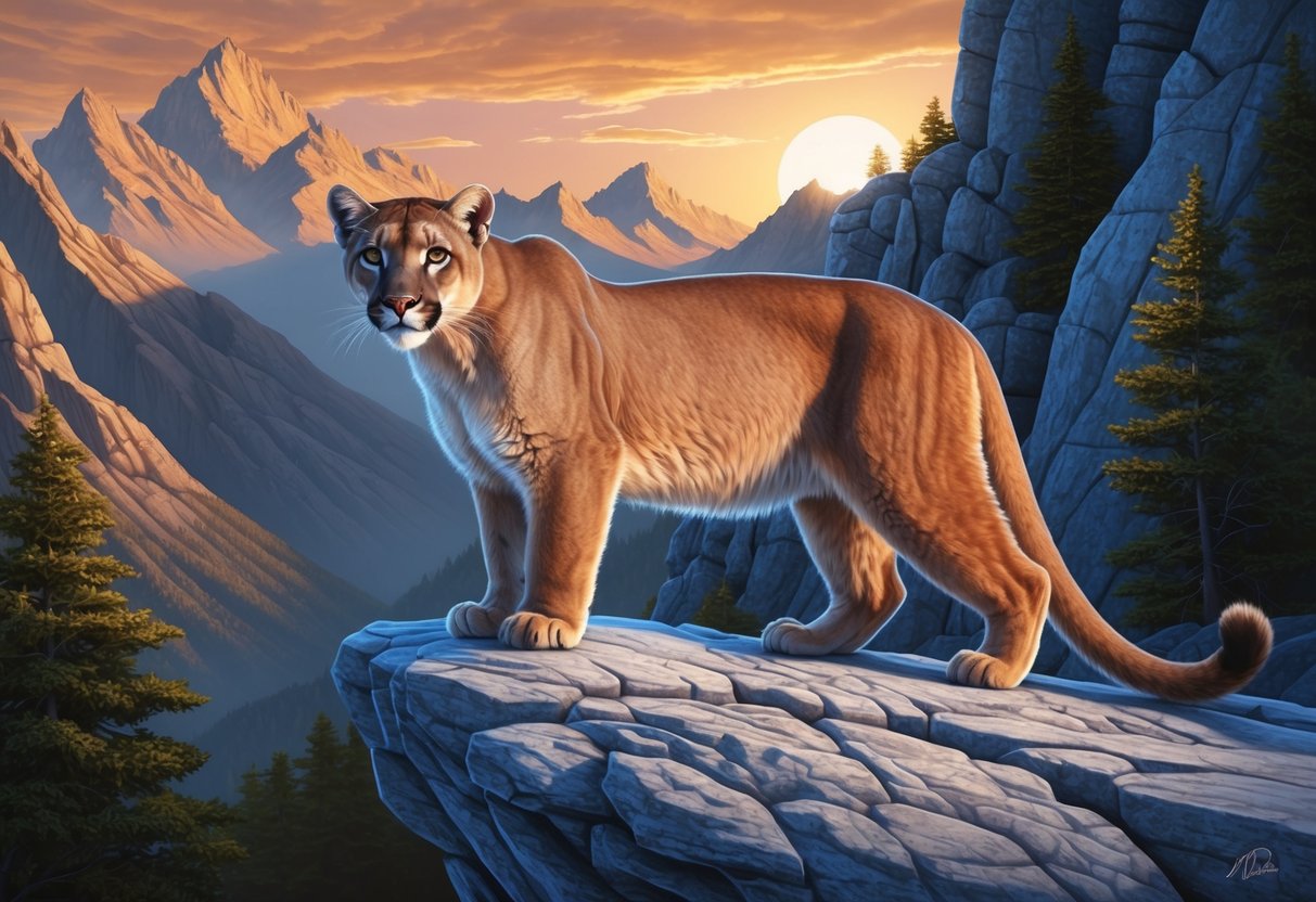 A mountain lion standing majestically on a rocky cliff, with a backdrop of rugged mountains and a golden sunset