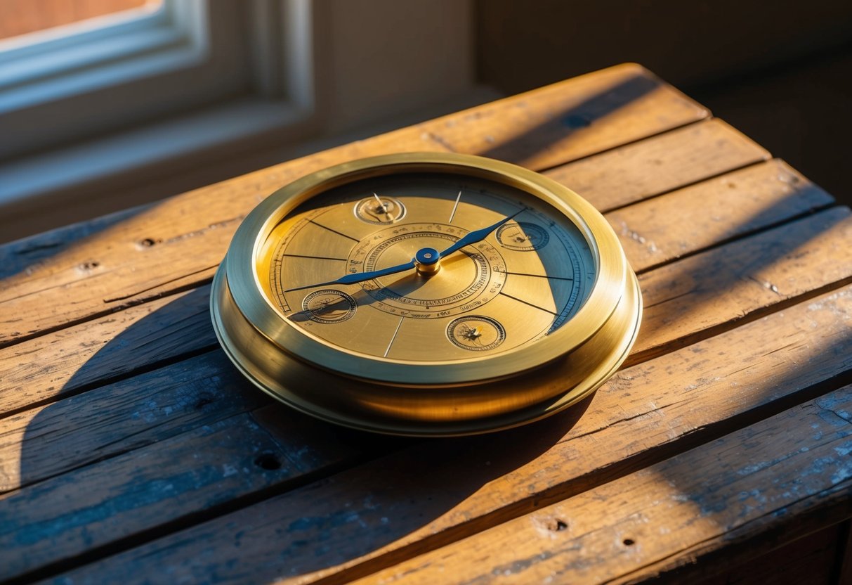 A handcrafted brass dial sits on a weathered wooden table, adorned with intricate engravings and symbols, catching the warm glow of the sunlight streaming through a nearby window