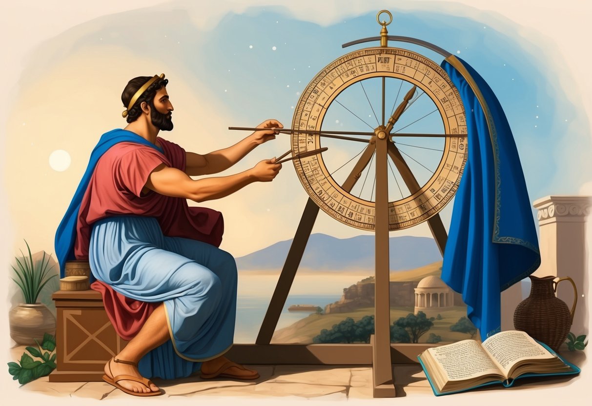 An ancient Greek astronomer uses an Archimedes dial to measure time and track celestial movements