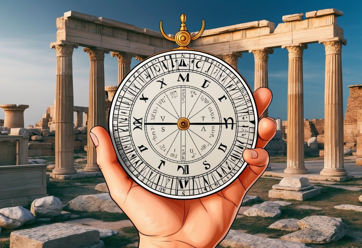 A hand holds the Archimedes dial, with ancient inscriptions and symbols, against a backdrop of historical ruins and artifacts