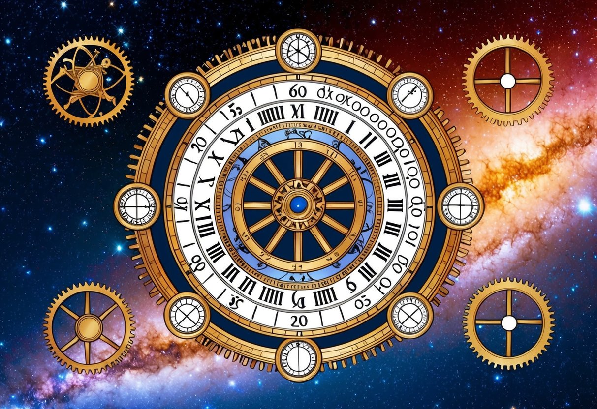 An ancient archimedes dial surrounded by celestial symbols and intricate gears, set against a backdrop of stars and galaxies