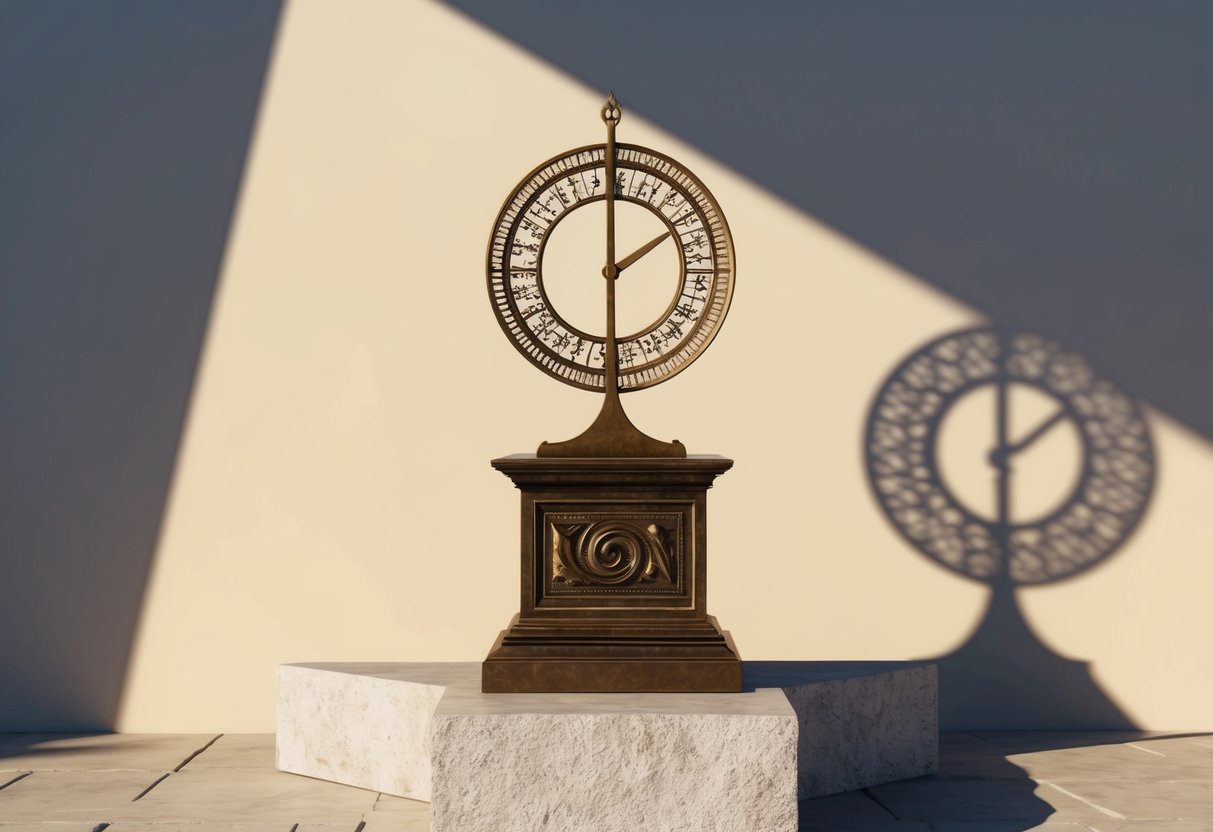 A bronze Archimedes dial sits on a stone pedestal, casting a shadow in the sunlight