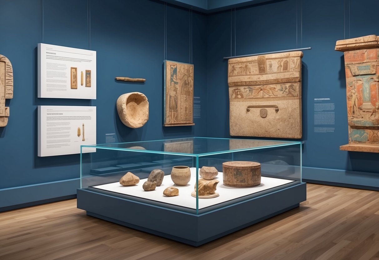 A museum exhibit displays ancient artifacts alongside academic research materials