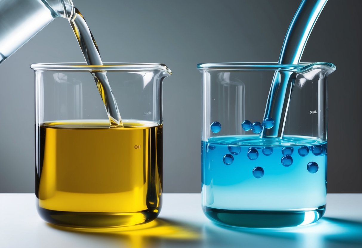 Oil and water molecules repelling each other, forming separate layers in a clear glass beaker