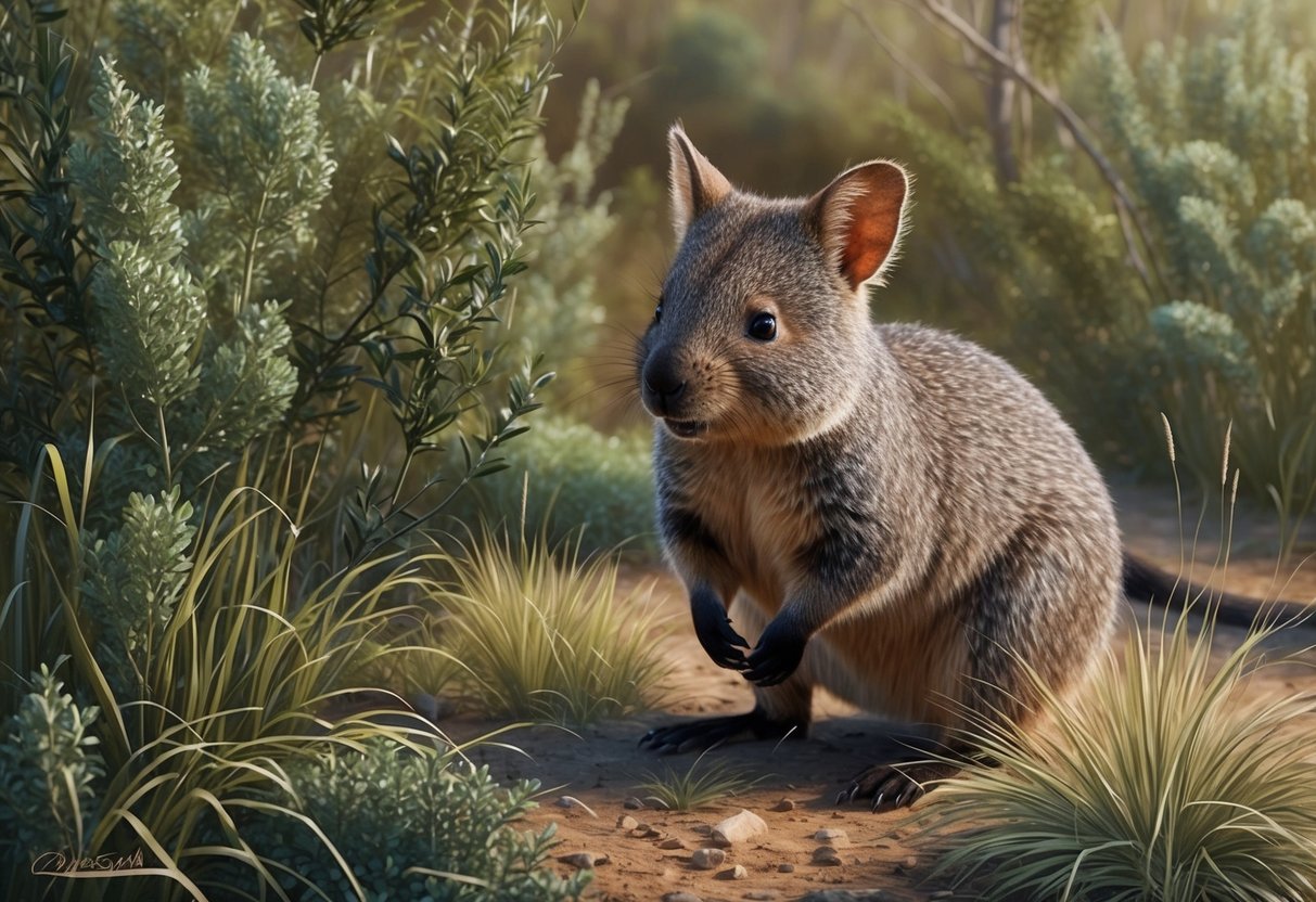 A quokka cautiously watches for predators in a dense thicket of shrubs and tall grasses