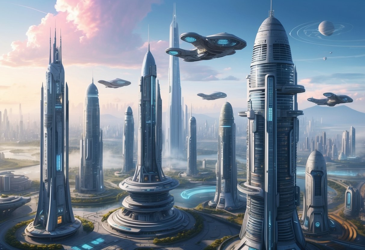 A futuristic cityscape with towering skyscrapers, flying vehicles, and advanced technology integrated into the architecture