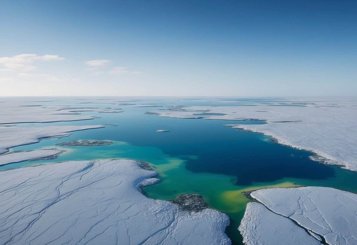 A vast tundra landscape with melting permafrost, revealing patches of bare ground and releasing trapped greenhouse gases into the atmosphere