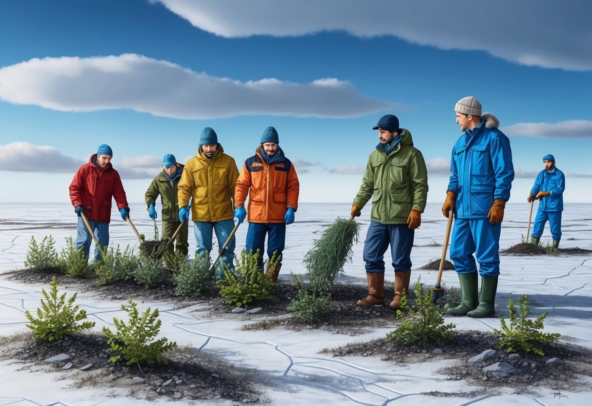 A team of scientists planting native vegetation in a barren tundra landscape, while others monitor the impact of human activity on the fragile ecosystem