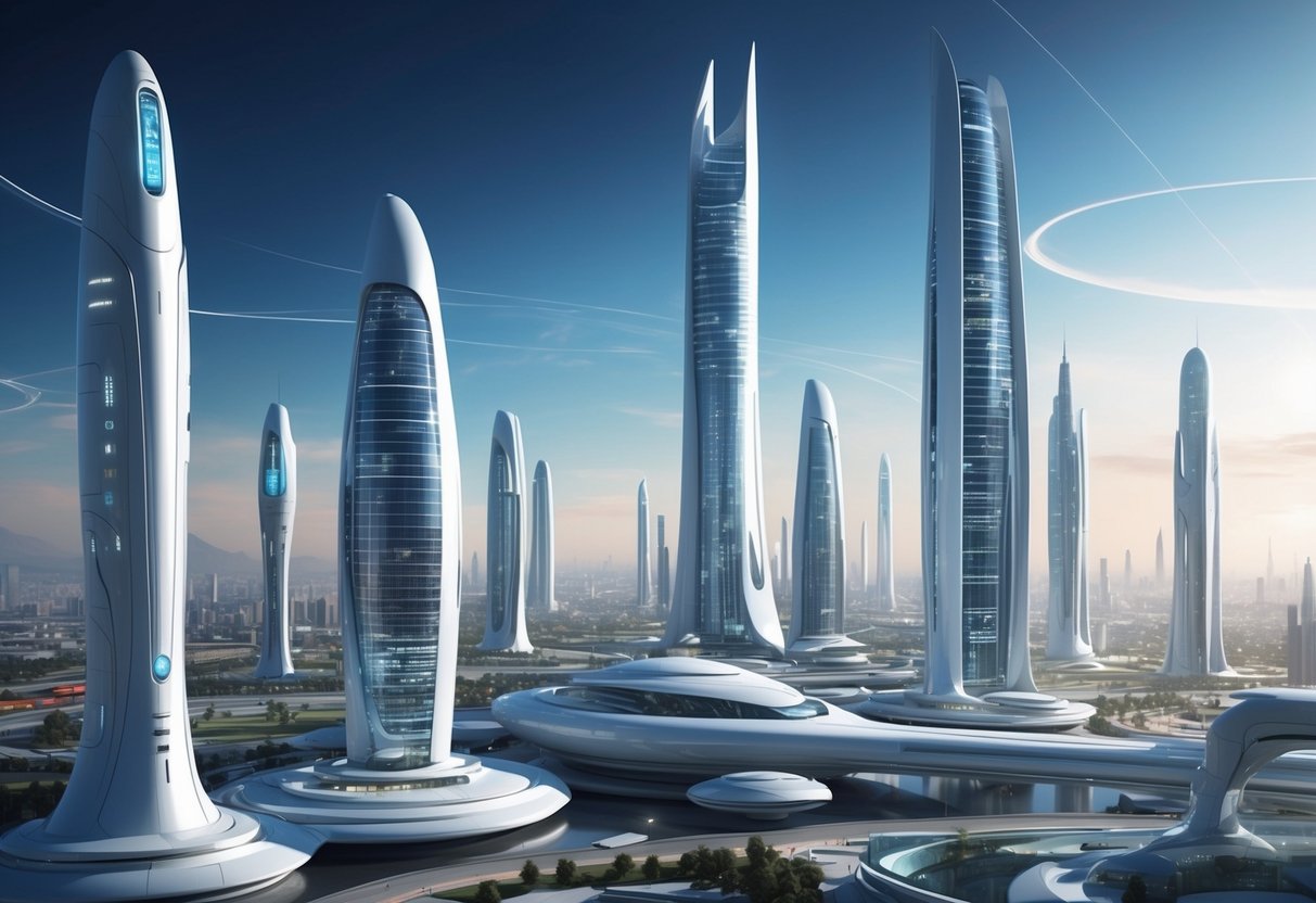 A futuristic cityscape with sleek, towering buildings and advanced technology integrated into everyday life