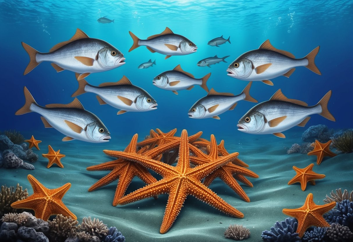 A group of predatory fish circling around a cluster of starfish on the ocean floor