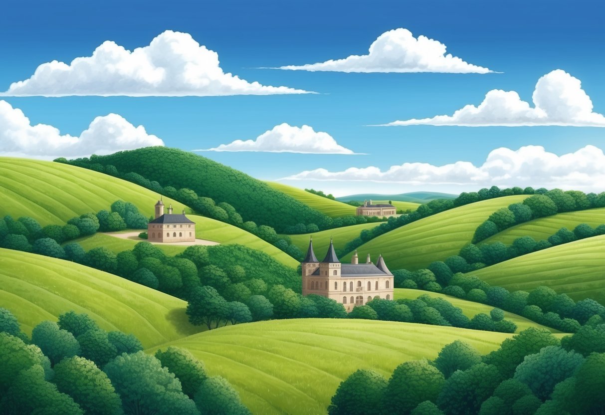 Rolling hills with lush greenery, dotted with historical buildings.</p><p>A clear blue sky with fluffy white clouds, and a gentle breeze blowing through the landscape