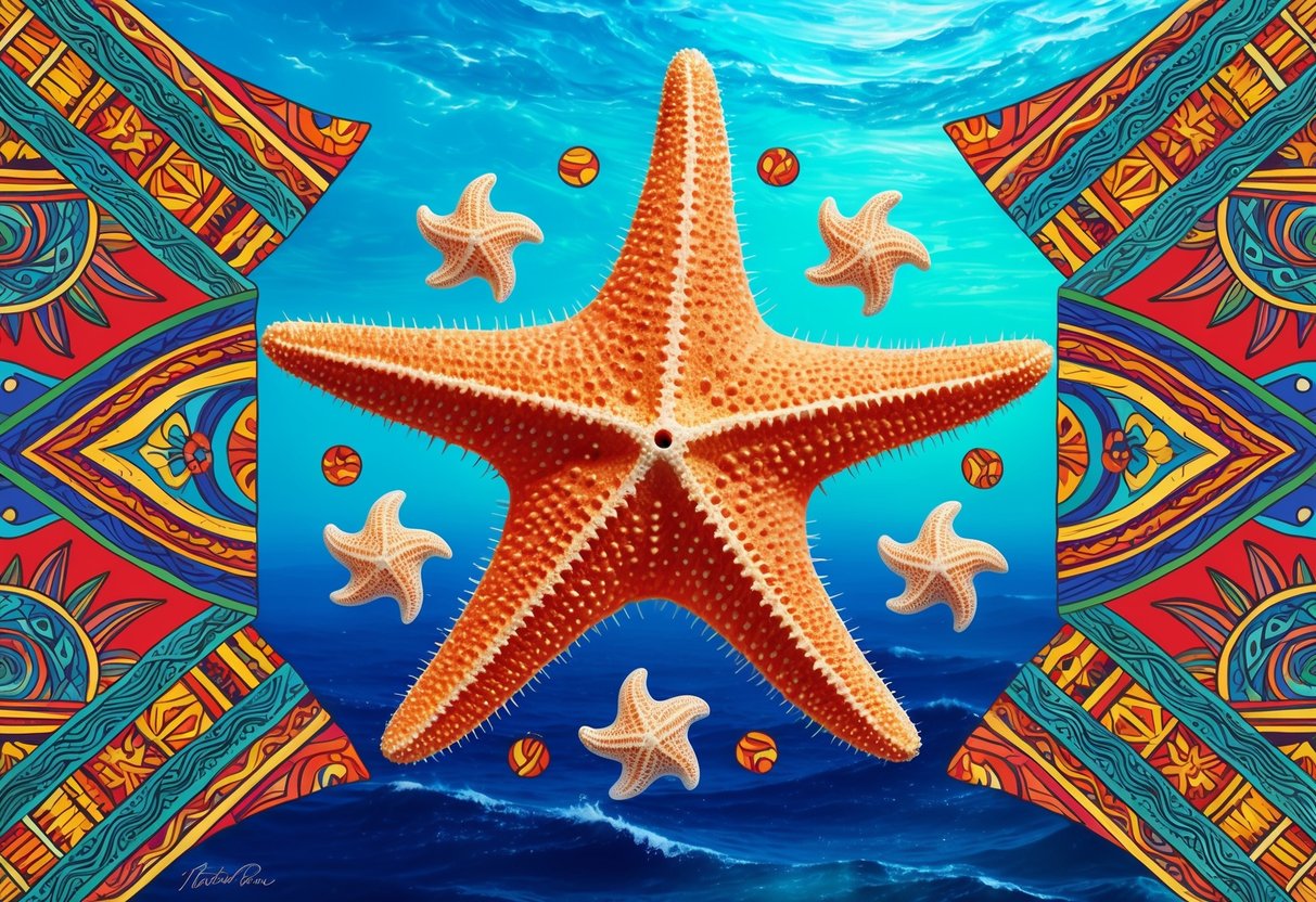 A starfish surrounded by colorful traditional cultural patterns and symbols, set against a vibrant ocean background