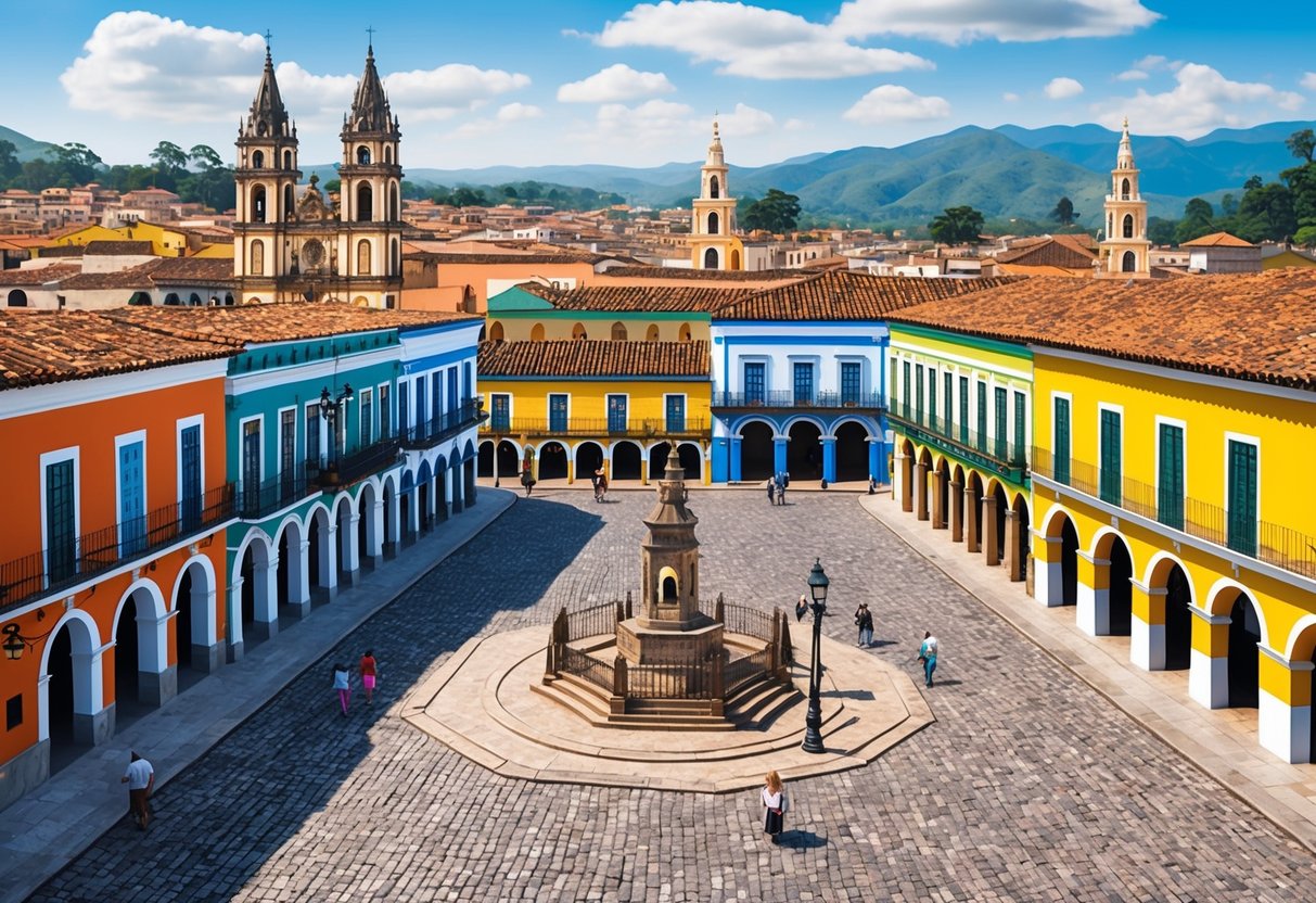 A bustling town square surrounded by colorful colonial buildings, cobblestone streets, and towering church spires in Real del Monte