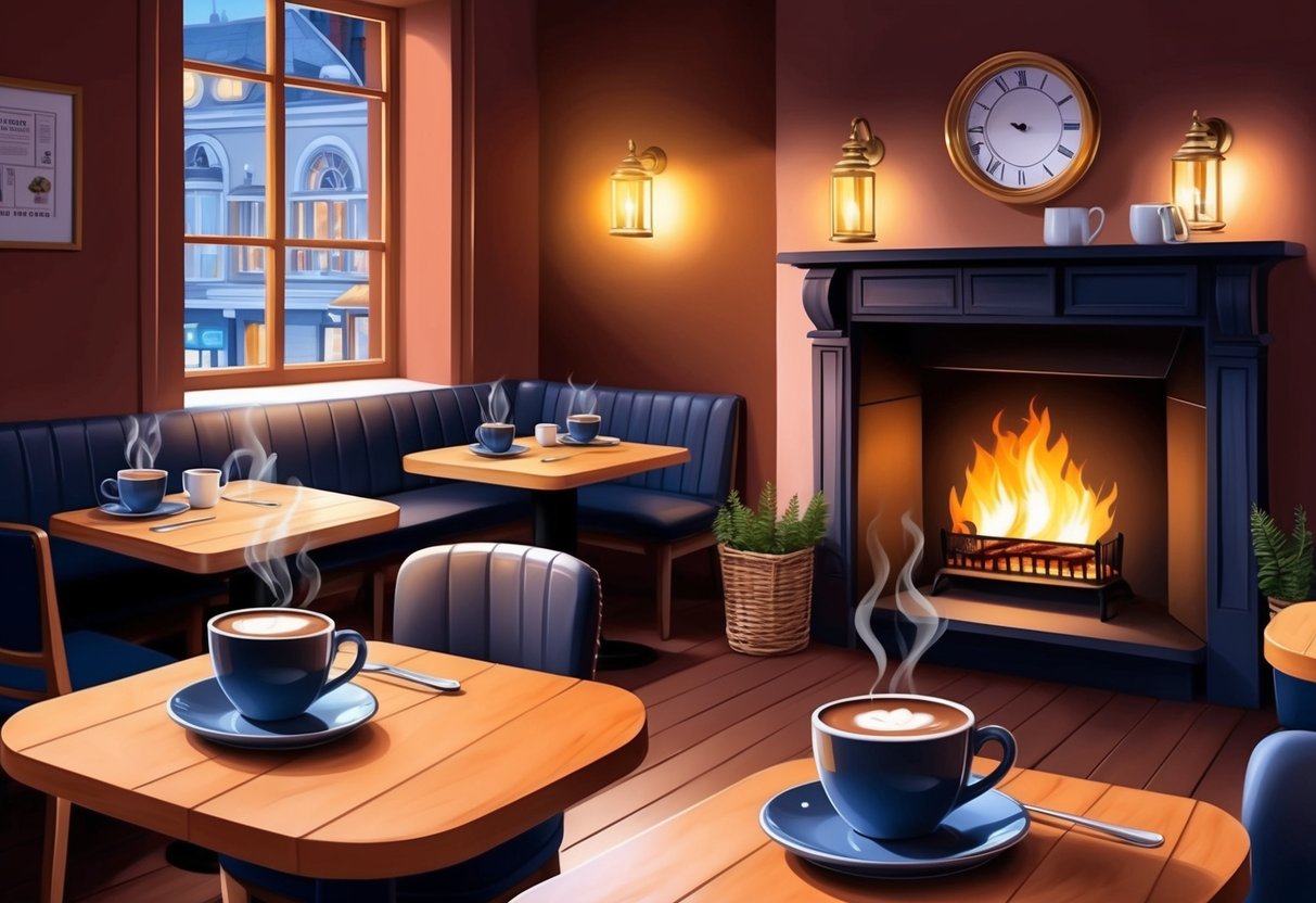 A cozy cafe in Real del Monte, with warm lighting, a crackling fireplace, and steaming cups of hot chocolate on the tables