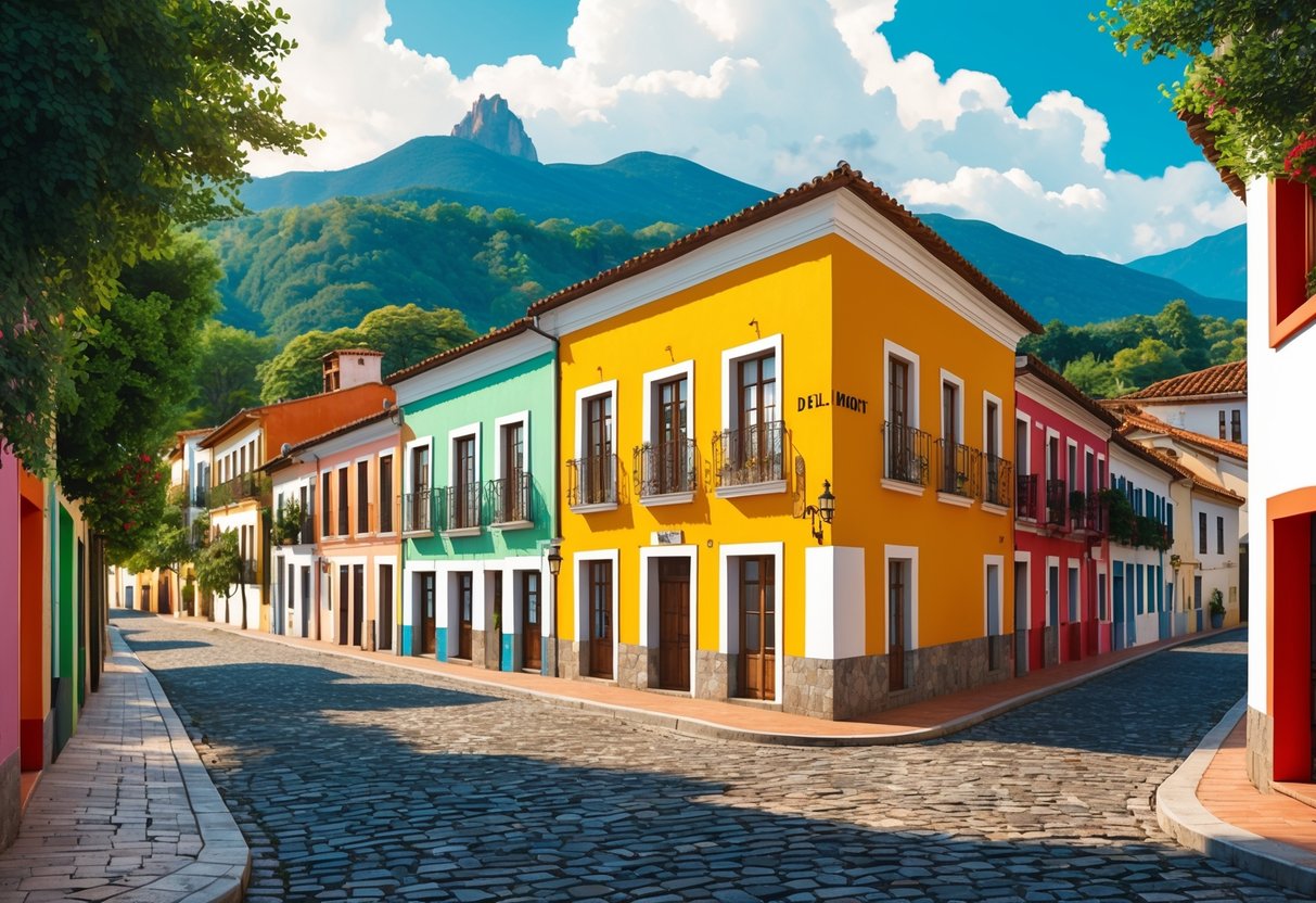 A quaint street in Real del Monte, with colorful buildings and cobblestone streets, surrounded by lush greenery and mountains in the background