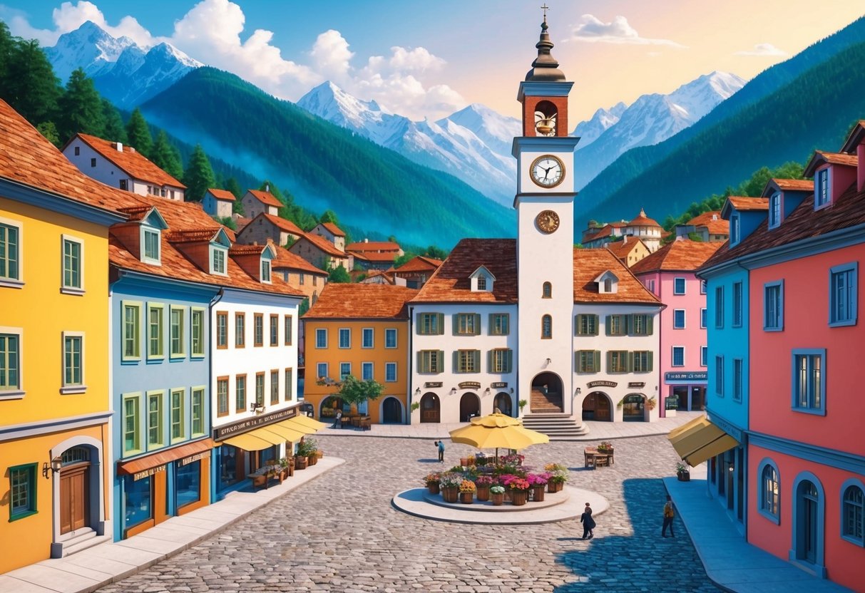 A quaint town nestled in the mountains, with colorful buildings and cobblestone streets.</p><p>A central plaza features a towering clock and bustling market