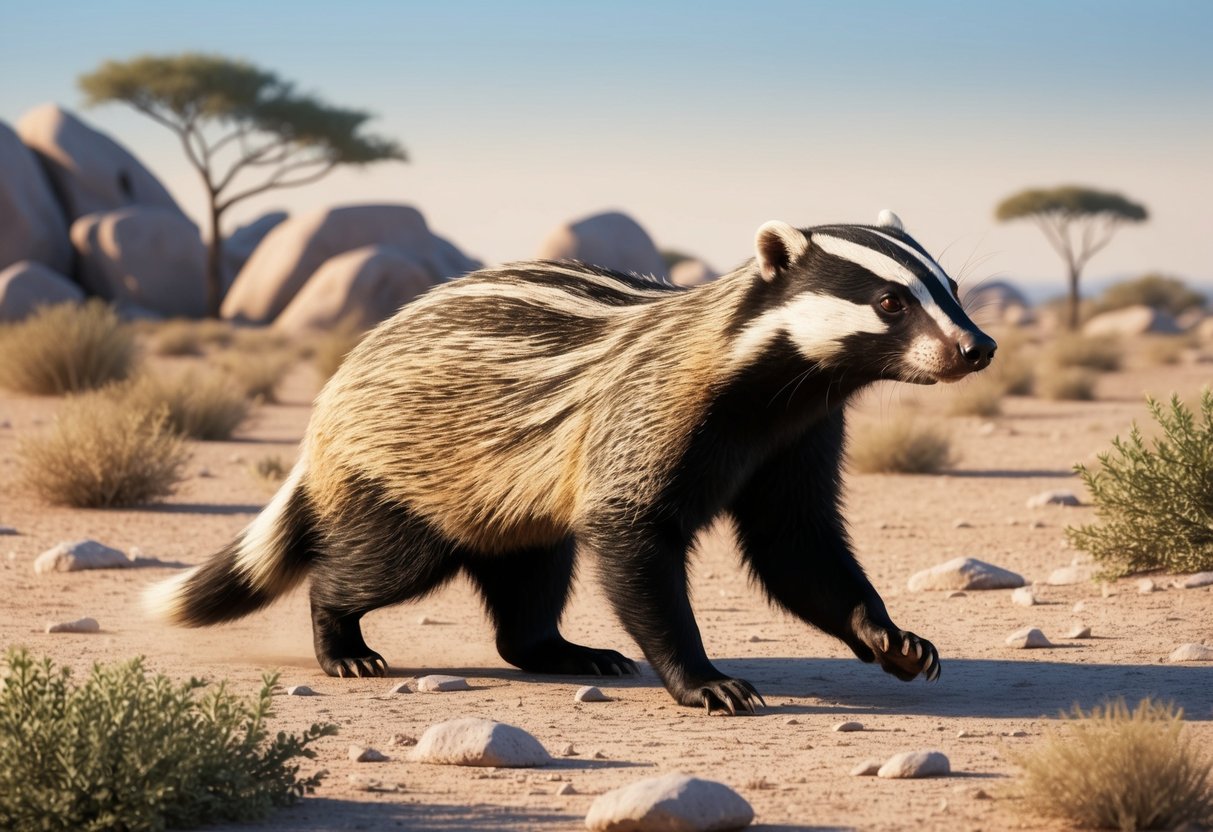 A honey badger roaming through a dry, rocky savannah, with sparse vegetation and a few scattered trees in the background