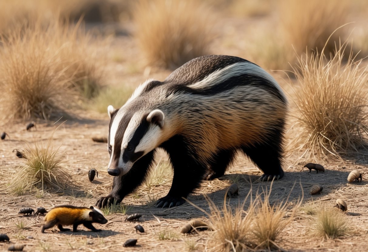 A honey badger foraging for food in a dry, grassy savanna, searching for insects and small animals to eat