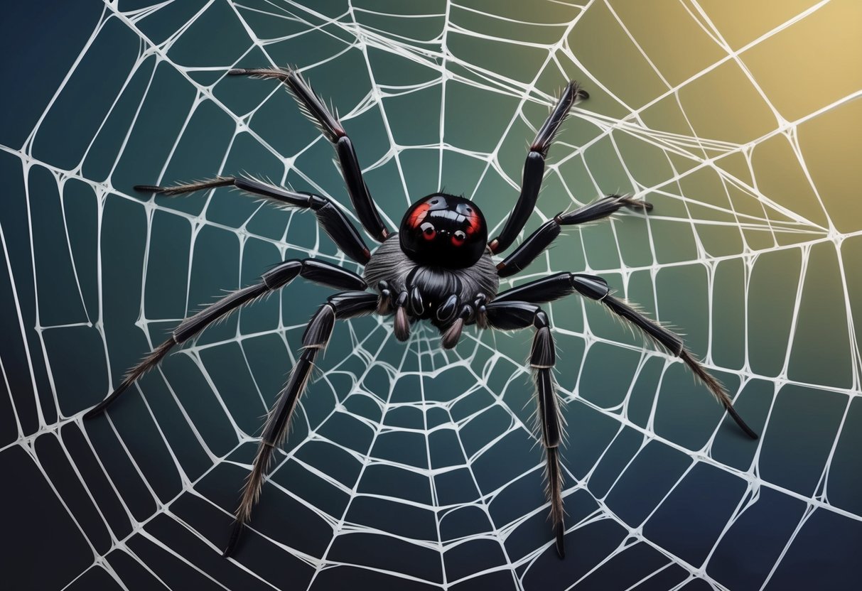 A male black widow spider constructs an intricate web, weaving silk with precision and skill