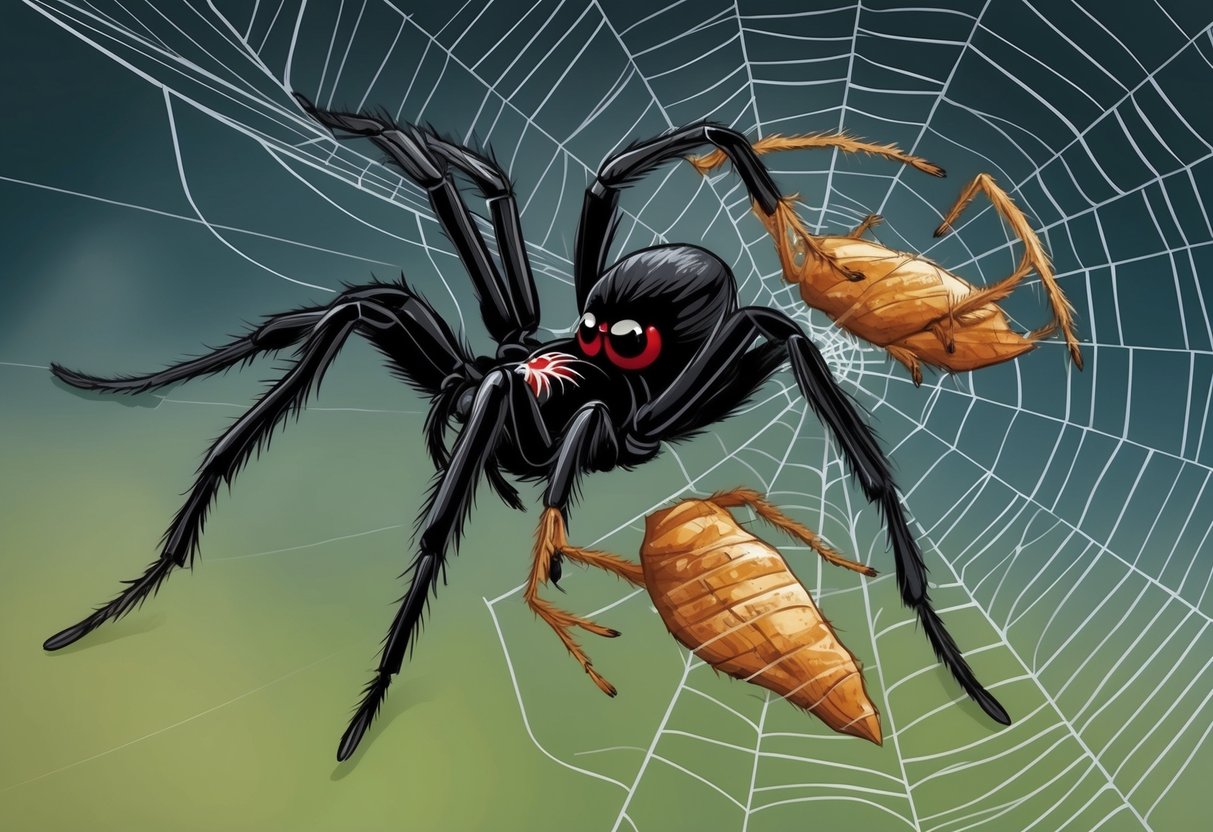 A male black widow spider stalking its prey in a web