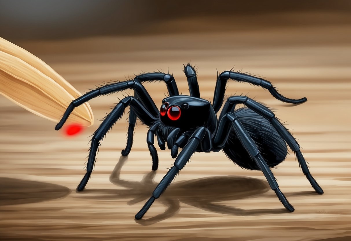 A male black widow spider approaches a receptive female, displaying his bright red hourglass marking