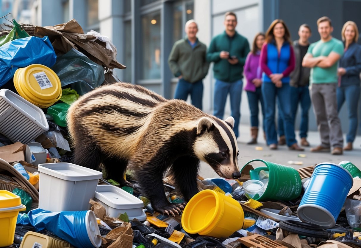 A honey badger rummages through a trash heap, surrounded by discarded food containers and urban debris.</p><p>Nearby, a group of curious onlookers watch from a safe distance