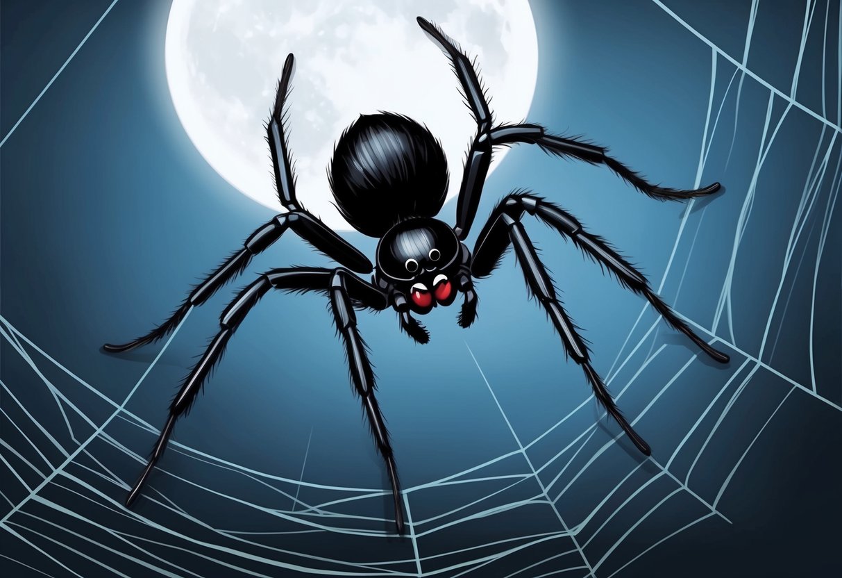 A male black widow spider cautiously prowls the dark corners of its web, its sleek black body glistening under the soft glow of moonlight