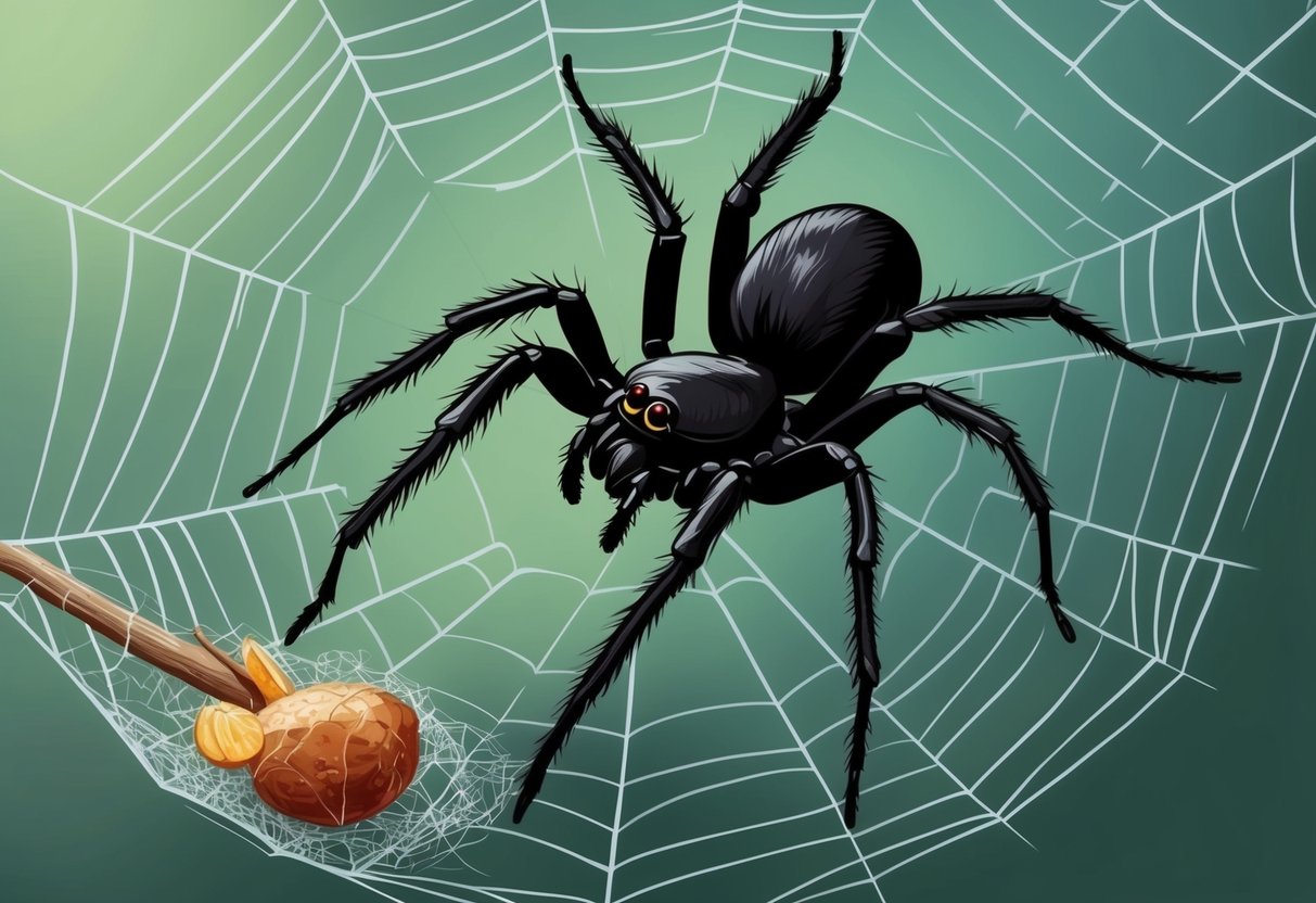 A male black widow spider approaches a small prey item in its web