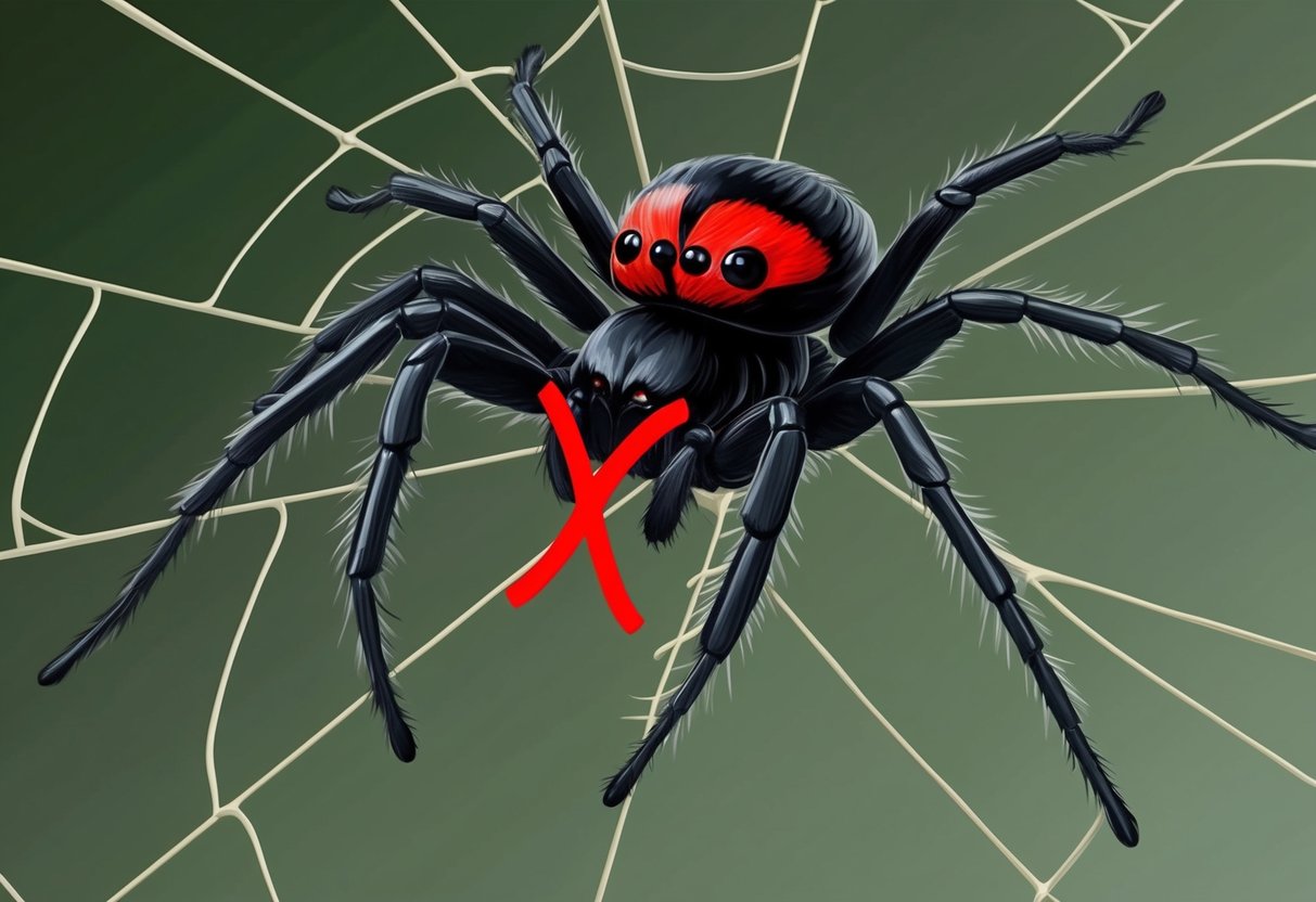 A male black widow spider perched on a web, displaying its distinctive red hourglass marking