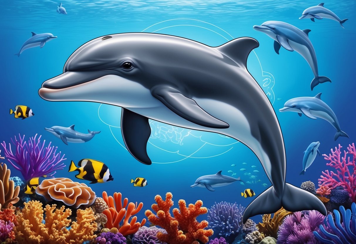 A dolphin swimming gracefully, surrounded by colorful coral and other marine life, with its brain highlighted in the background