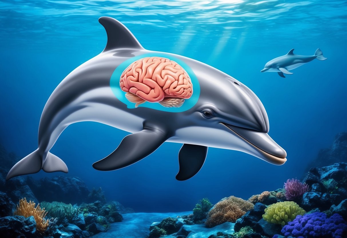 A dolphin swims gracefully, its brain highlighted to show neuroanatomy and physiology