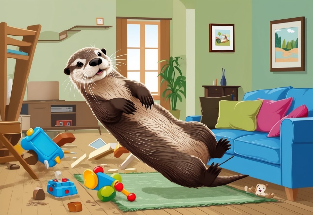 An otter causing chaos in a living room, knocking over furniture and playing with toys