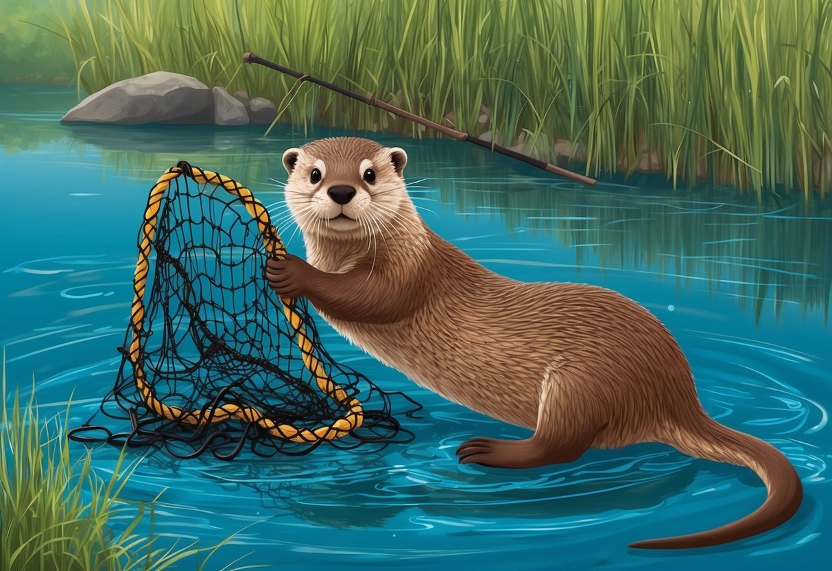 An otter playing with a tangled fishing net in a polluted river