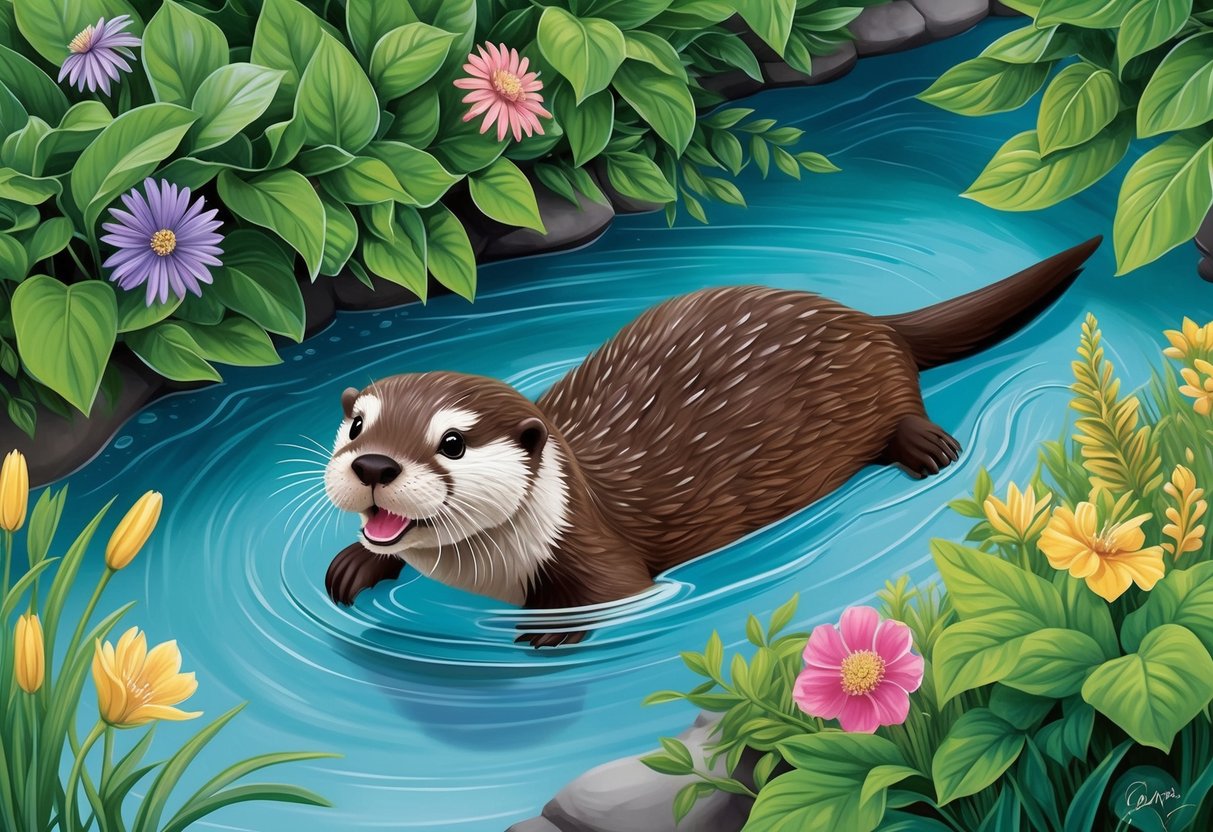 A pet otter swims happily in a clear stream, surrounded by lush green foliage and colorful flowers