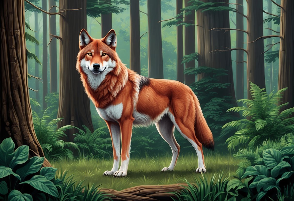 A red wolf stands in a dense forest, surrounded by tall trees and lush greenery.</p><p>The wolf's fur blends in with the earthy tones of its habitat