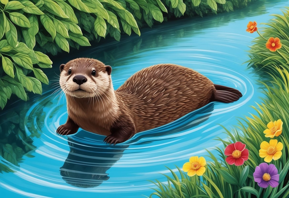 An otter swimming in a clear stream, surrounded by lush greenery and colorful flowers