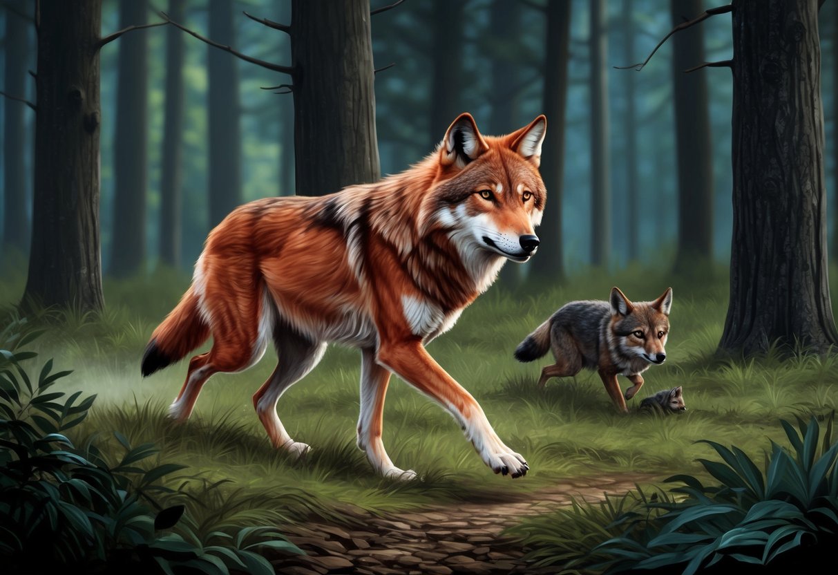 A red wolf stealthily stalks its prey through a dense forest, its keen eyes locked on a small animal in the distance